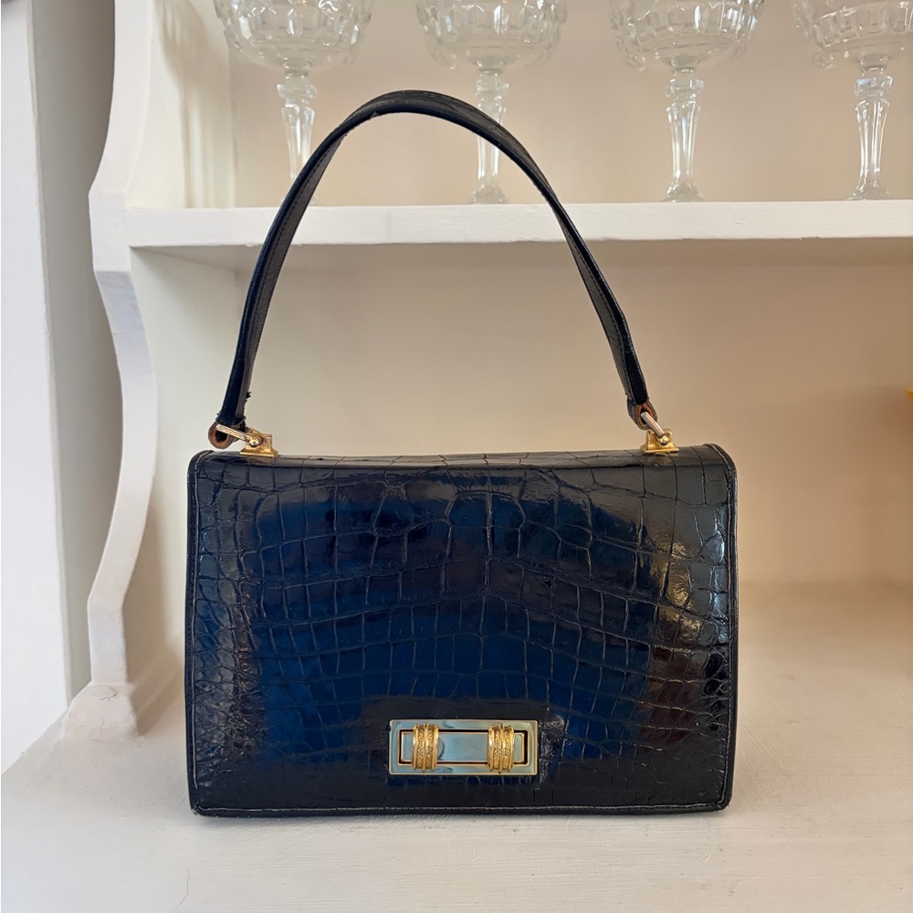 Vintage Black Crocodile-Embossed Handbag Gold Hardware
